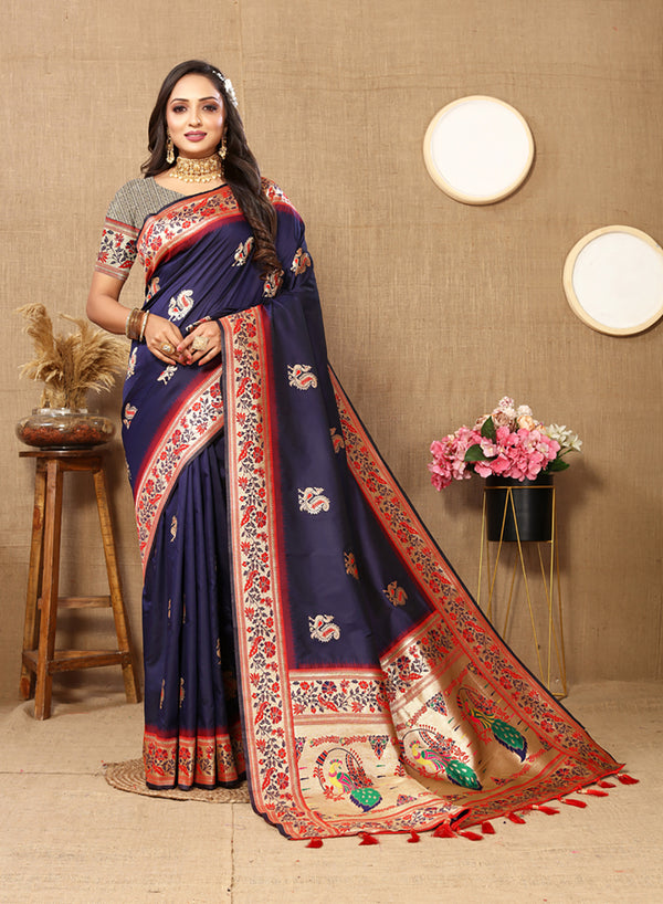 Lorenvalley Fashion Navyblue Soft Paithani Silk Woven Design Rich Meenakari Zari Weaving Pallu Saree - Distacart