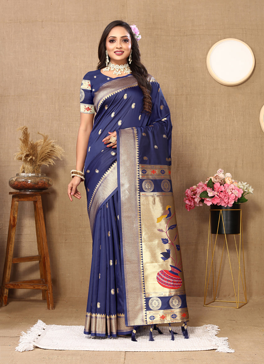 Lorenvalley Fashion Navyblue Soft Paithani Silk Woven Design Rich Zari Meenakari Weaving Saree - Distacart
