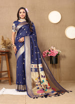 Thumbnail for Lorenvalley Fashion Navyblue Soft Paithani Silk Woven Design Rich Zari Meenakari Weaving Saree - Distacart
