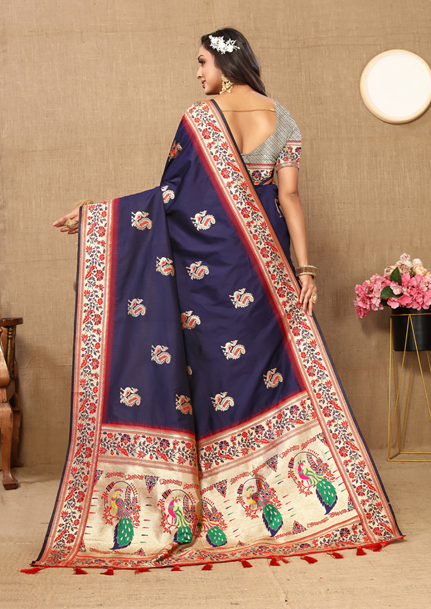Lorenvalley Fashion Navyblue Soft Paithani Silk Woven Design Rich Meenakari Zari Weaving Pallu Saree - Distacart