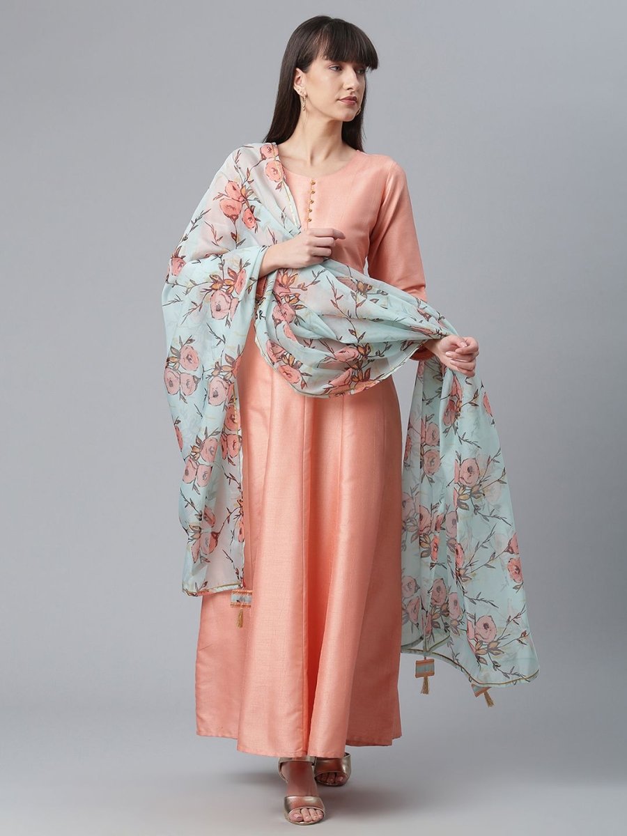Ahalyaa Poly Silk Peach Kurta With Dupatta Set