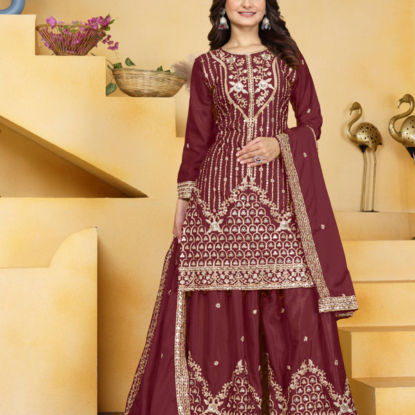 Lehenga Mart Designer Sharara Suit With Kurta, Sharara, Dupatta For Women-Maroon - Distacart