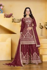 Thumbnail for Lehenga Mart Designer Sharara Suit With Kurta, Sharara, Dupatta For Women-Maroon - Distacart
