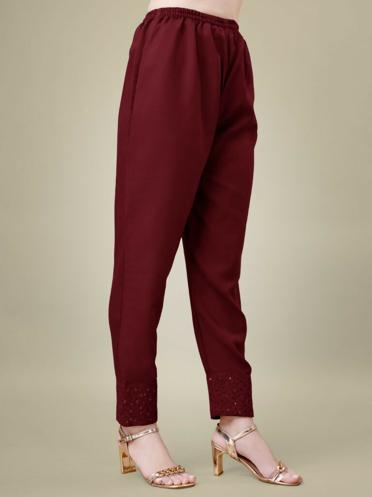Jyoti Fashion Women's Maroon Cotton Blend Embroidery & Sequence work Kurta with Trouser & Dupatta - Distacart