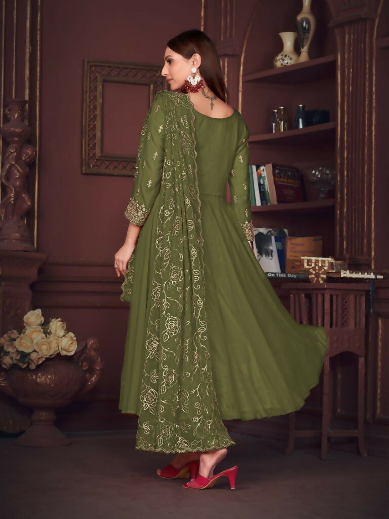 Jyoti Fashion Women's Olive Green Georgette Embroidered Anarkali Kurta Pant Set With Dupatta - Distacart