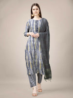 Thumbnail for Jyoti Fashion Women's Grey Rayon Print with Embroidery & Fancy Lace Work Kurta with Trouser & Dupatta - Distacart