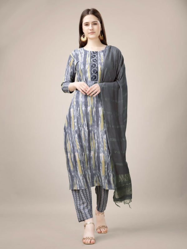 Jyoti Fashion Women's Grey Rayon Print with Embroidery & Fancy Lace Work Kurta with Trouser & Dupatta - Distacart