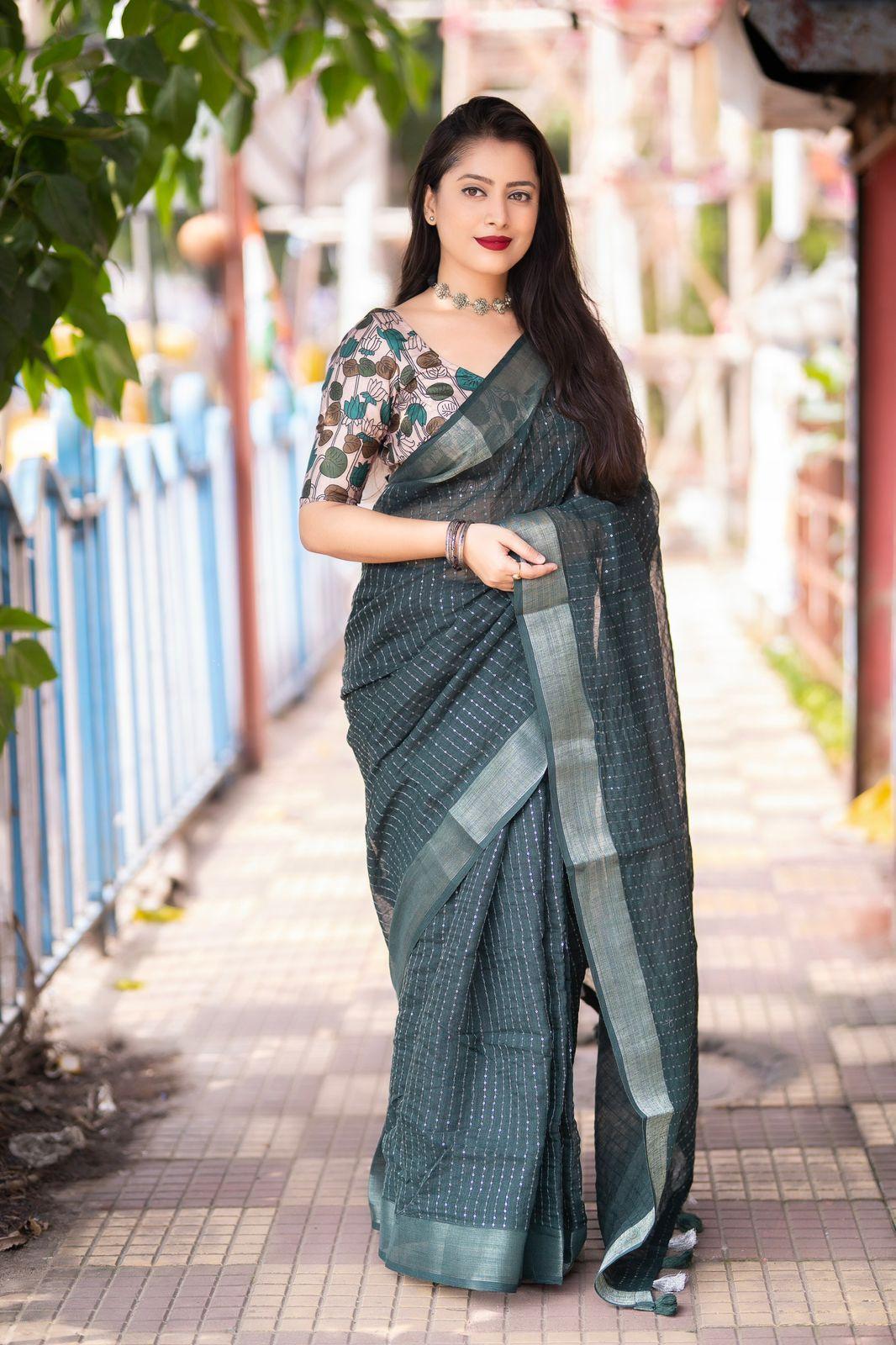 Green Linen Sequence Saree with Unstitched Blouse - Hiral Fashion - Distacart
