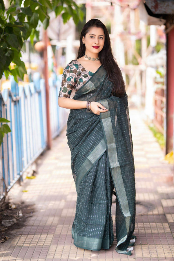 Green Linen Sequence Saree with Unstitched Blouse - Hiral Fashion - Distacart
