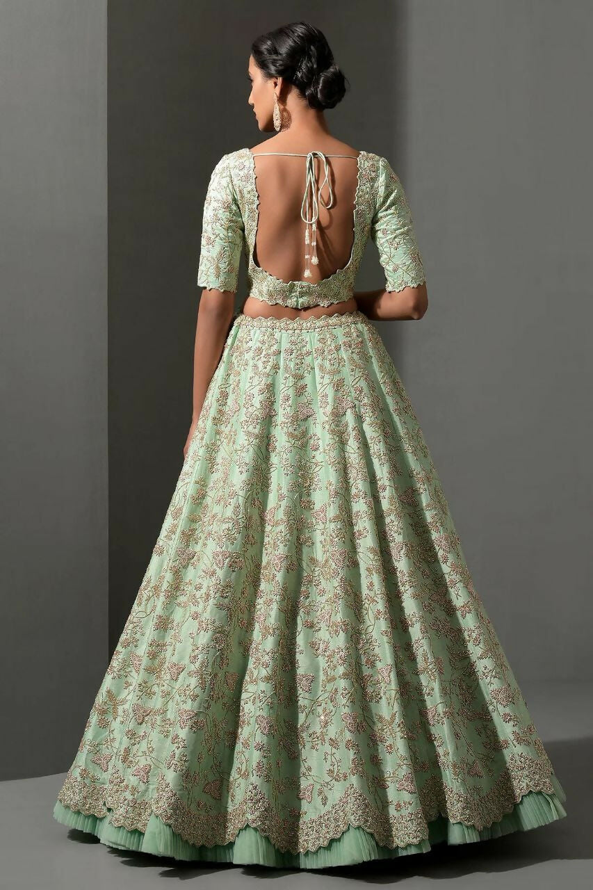 Jyoti Fashion Women's Sea Green Mulberry Silk Sequins, Dori & Thread Embroidered with Net Ruffle Work Designer Lehenga Choli Set - Distacart