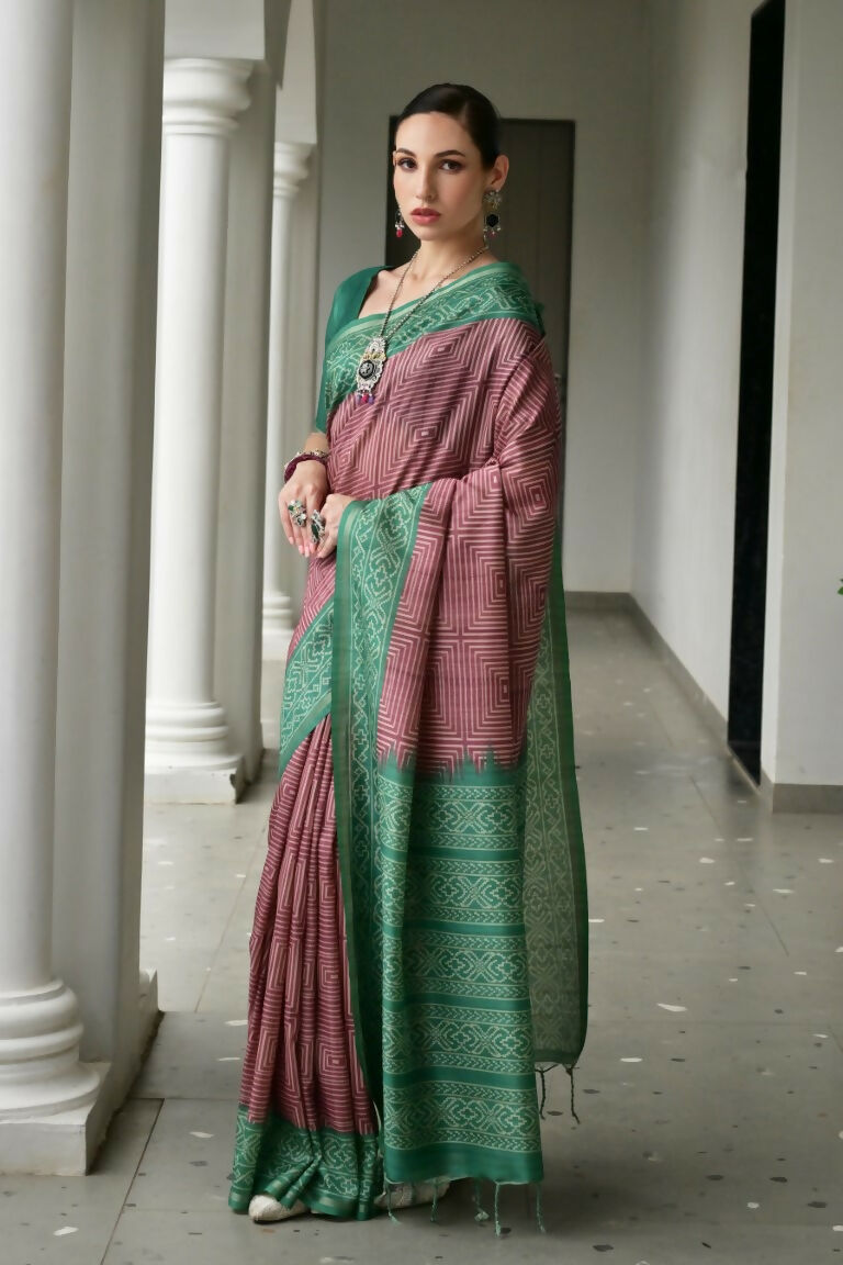 Vishnu Weaves Women's Green Soft Tussar Silk Printed Saree with Blouse