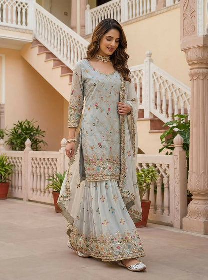 Teeya Creation Grey Faux Georgette Multi Thread Work Wedding Wear Sharara Set - Distacart
