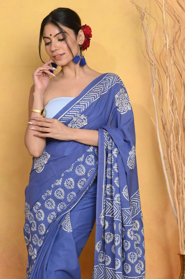 Very Much Indian Pure Cotton Handblock Printed Saree - Blue - Distacart