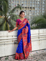 Thumbnail for Vedant Vastram Soft Litchi Silk Paithani Jacquard Saree - Blue - Distacart
