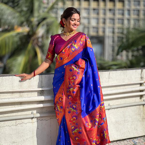 Vedant Vastram Soft Litchi Silk Paithani Jacquard Saree - Blue - Distacart