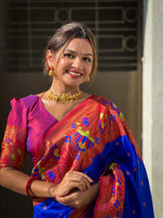 Thumbnail for Vedant Vastram Soft Litchi Silk Paithani Jacquard Saree - Blue - Distacart