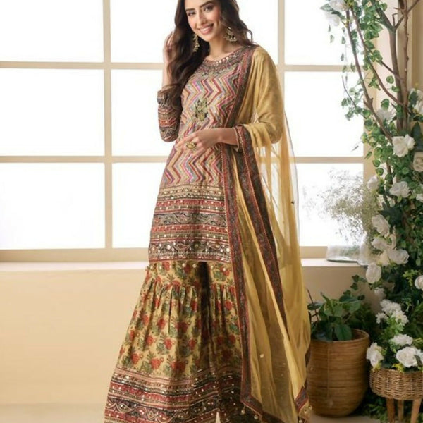 Anaita Yellow Heavy Crepe Silk Ready Made Suit with Multi Digital Printed & Aari Work - Distacart