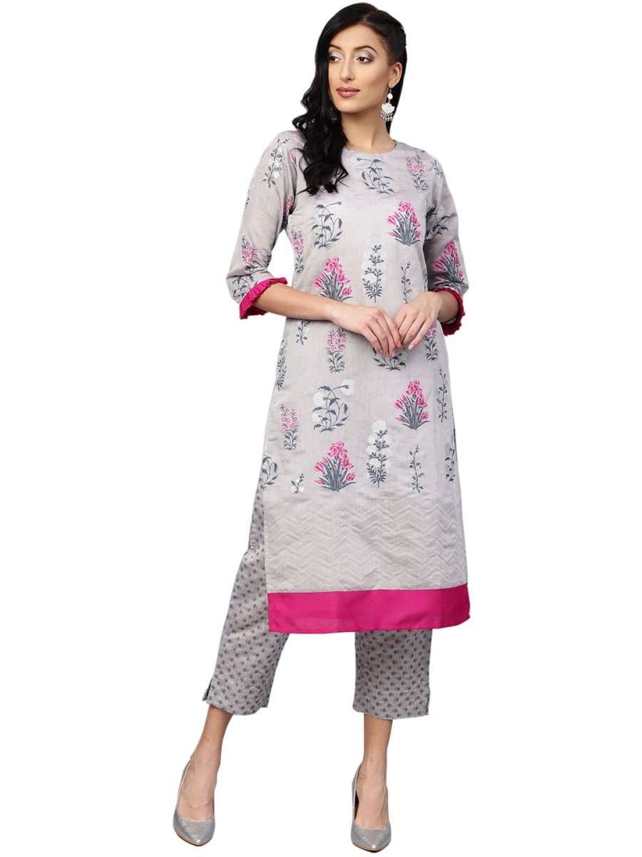 Ahalyaa Women Grey Chanderi Silk Printed Kurta Pant Set