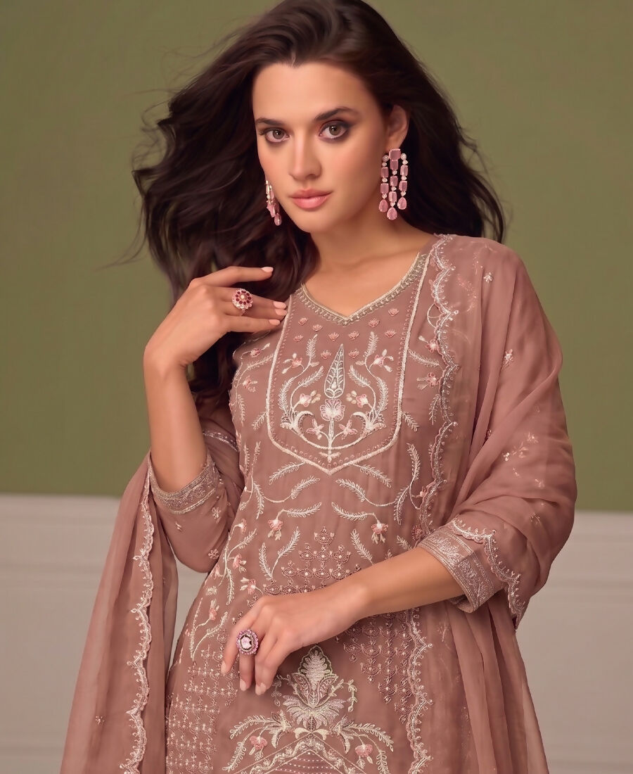 KC Beautiful Peach Chiffon Silk Hand Embroidery Suit For Women - Dista