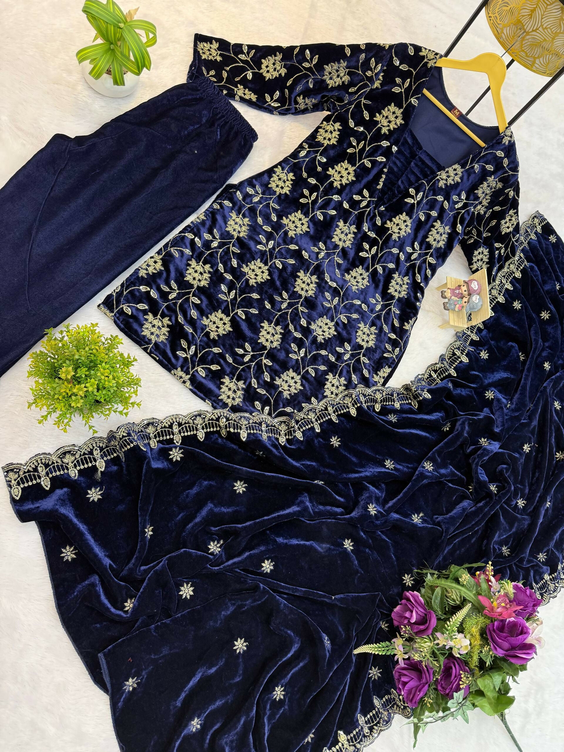 Vastranavya Blue Velvet Front Embroidery Work Kurta With Bottom & Dupatta