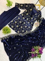 Thumbnail for Vastranavya Blue Velvet Front Embroidery Work Kurta With Bottom & Dupatta