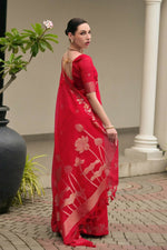 Thumbnail for Vishnu Weaves Women's Red Linen Silk Zari Weaving Saree with Blouse