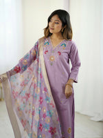 Thumbnail for The52 Lavender Women's Gorgeous Embroidered work Viscose Gadhwal Fabric Straight Kurta, Pant and Dupatta Set - Distacart