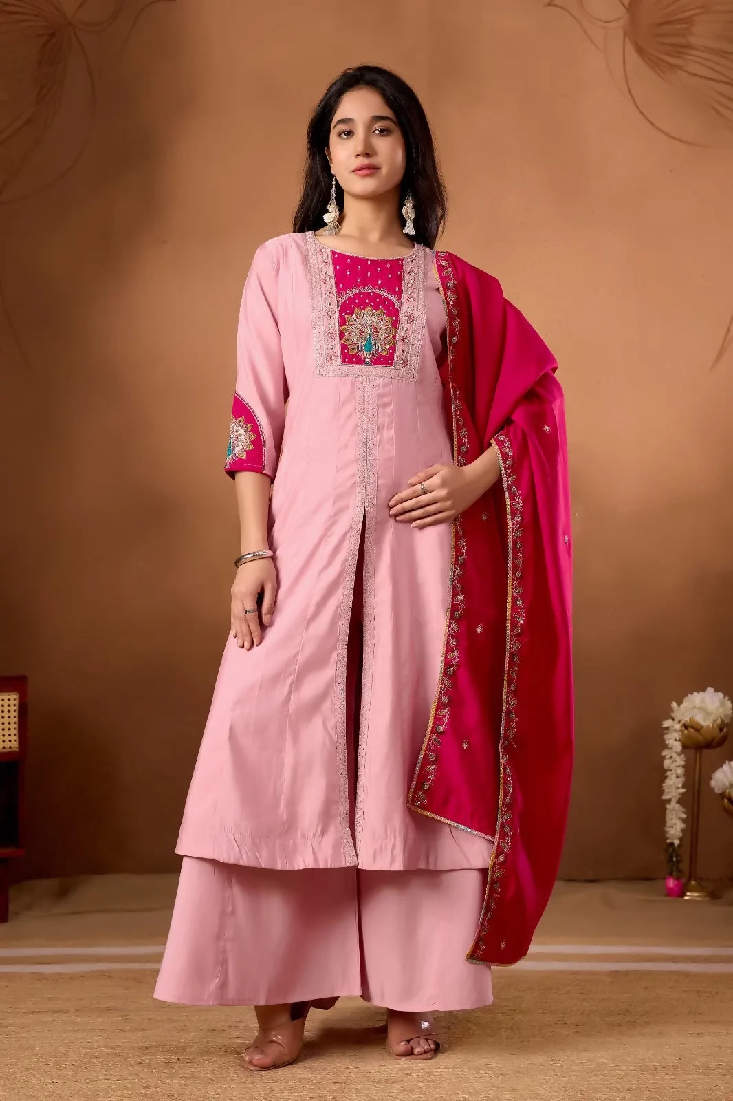 Teeya Creation Pink & Rani Pink Embroidered Straight Kurti Palazzo Set with Dupatta - Dista
