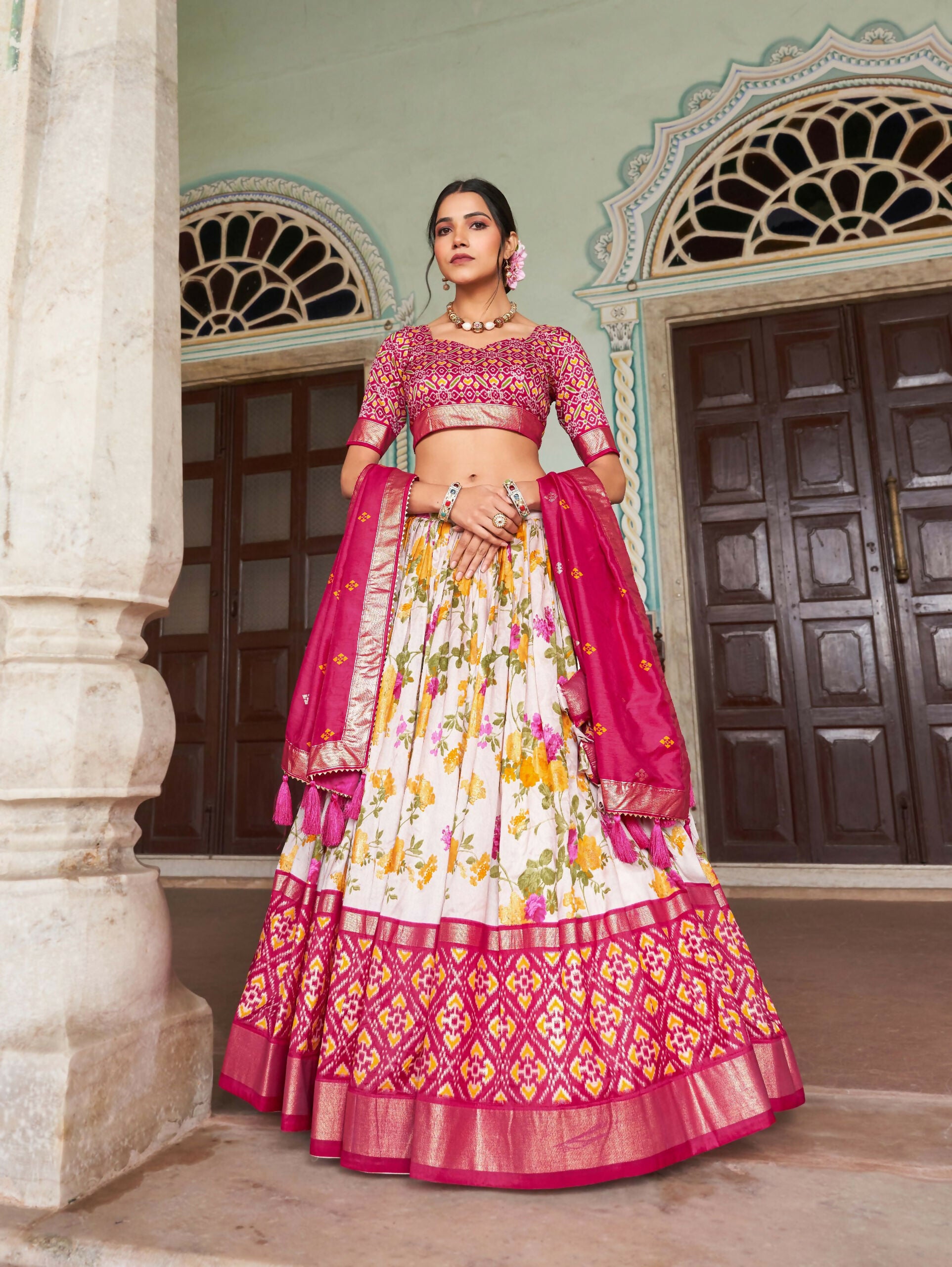 Vastranavya Exquisite Tussar Silk Lehenga Set With Perfect Floral And Patola Print Design Lehenga Choli - Pink - Distacart