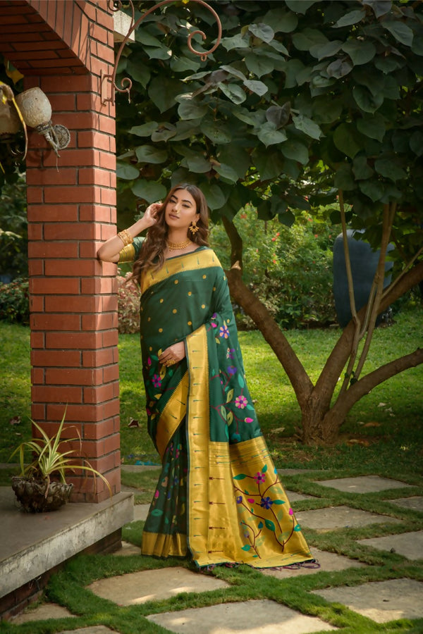 Jyoti Fashion Women's Bottle Green Paithani Silk Zari Woven Saree with Blouse - Distacart