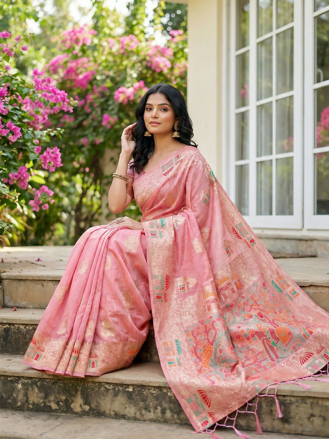 Shree Shyam Fashion Pink Linen Cotton Saree - Distacart