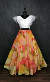 Thumbnail for Dishitha Creation Floral Printed Stitched Lehenga & Crop Top - White & Orange - Distacart