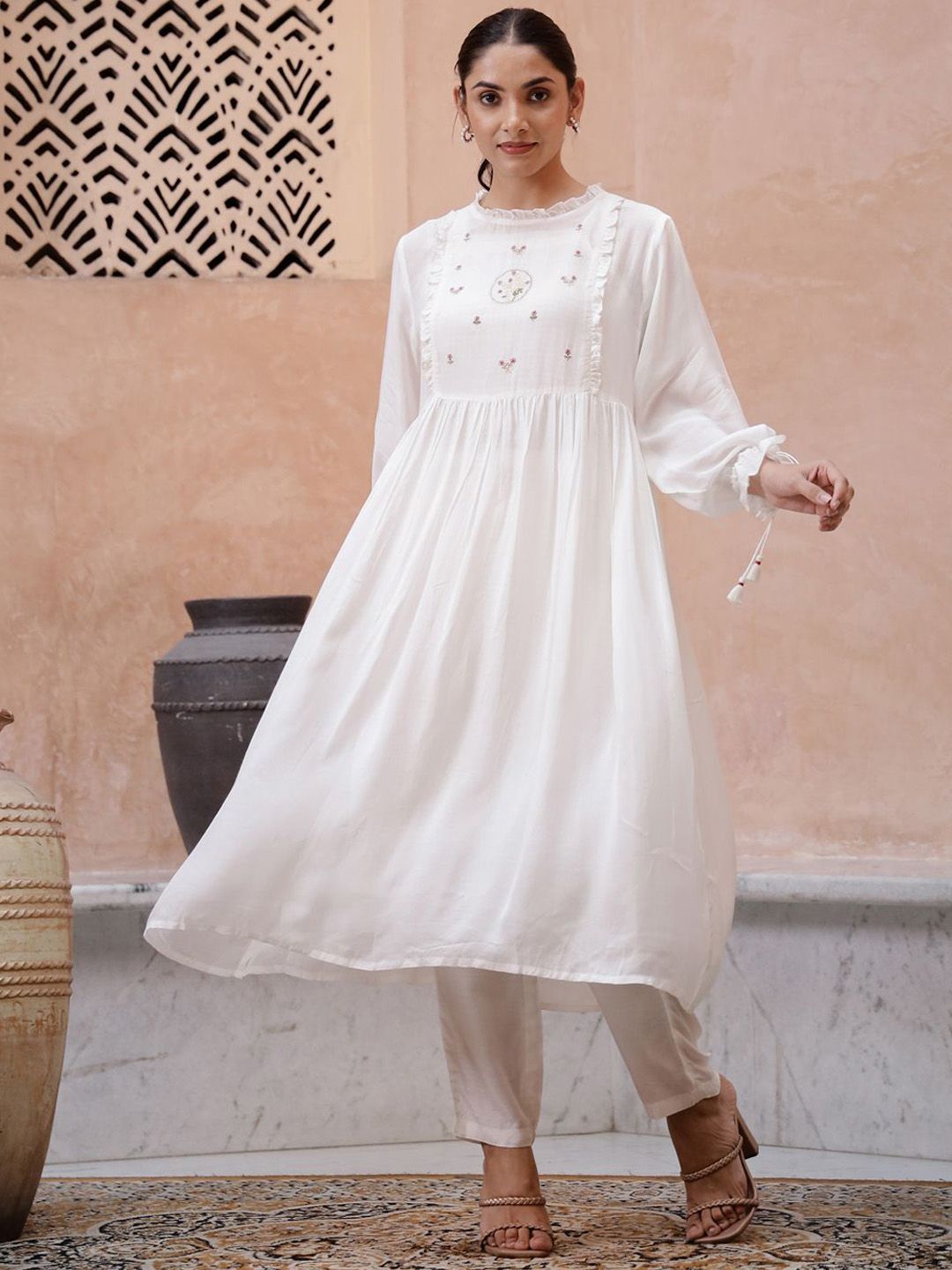 Sangria Floral Embroidered Pleated Thread Work Kurta with Trouser - Distacart