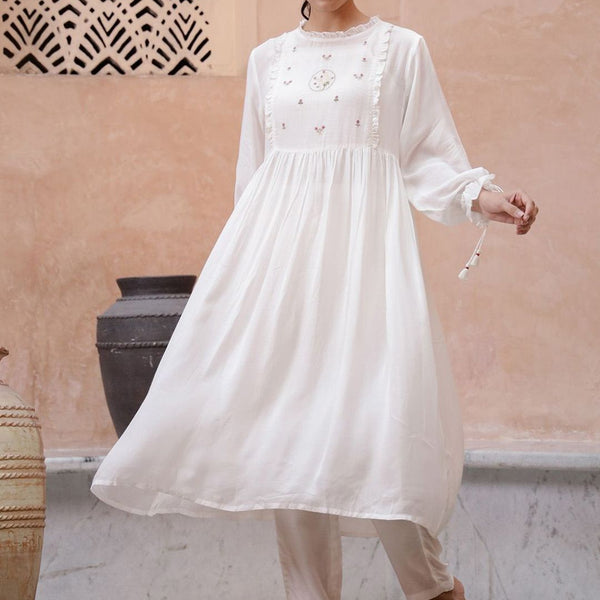 Sangria Floral Embroidered Pleated Thread Work Kurta with Trouser - Distacart