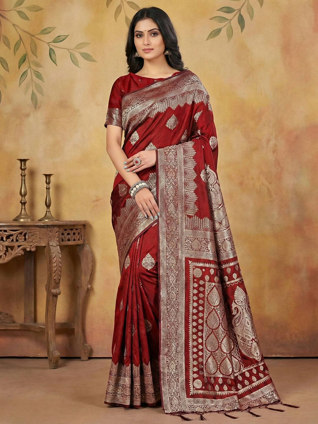 Shree Shyam Fashion Maroon Silk Blend Saree - Distacart
