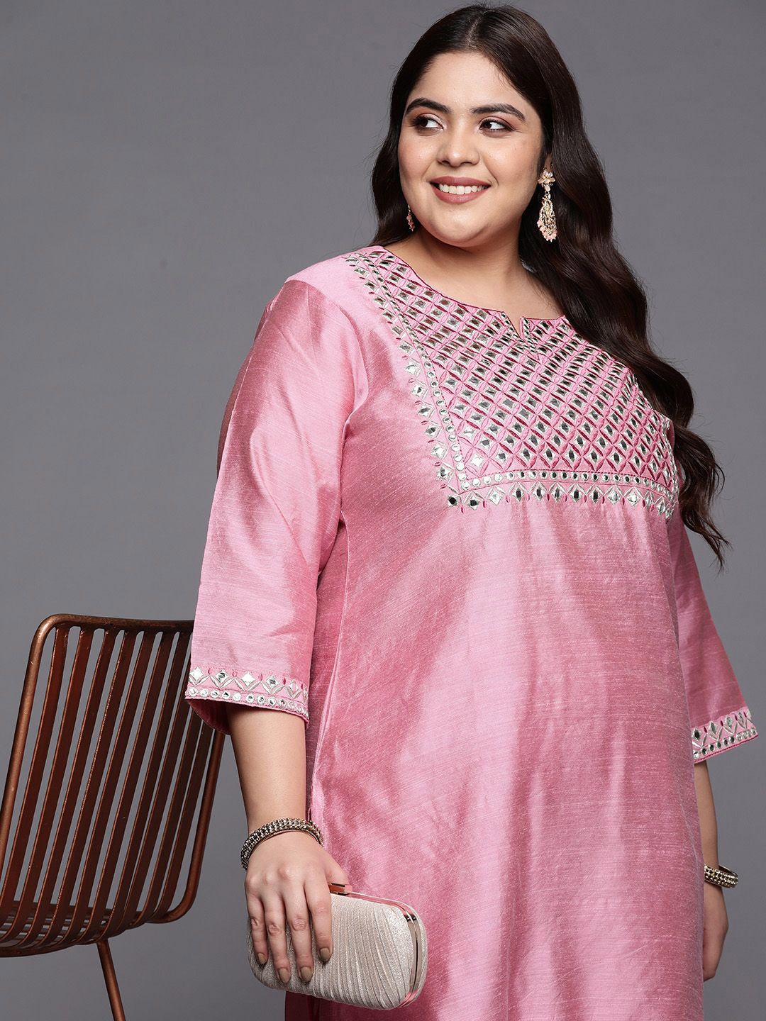 Sztori Plus Size Geometric Embroidered Mirror Work Straight Kurta with Trousers - Distacart