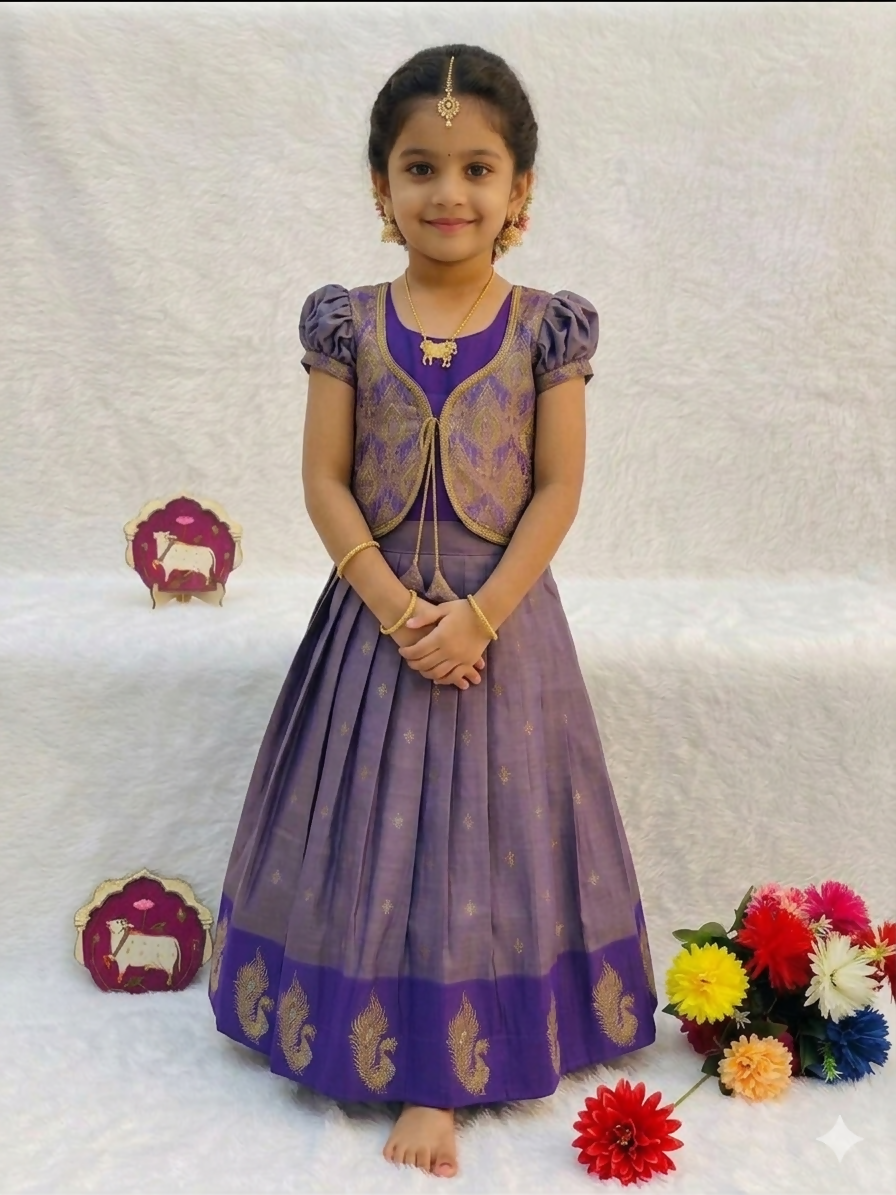 Teeya Creation New Latest Girls Purple Silk Pattu Pavadai Lehenga Choli Set With Brocade Koti-Purple - Dista