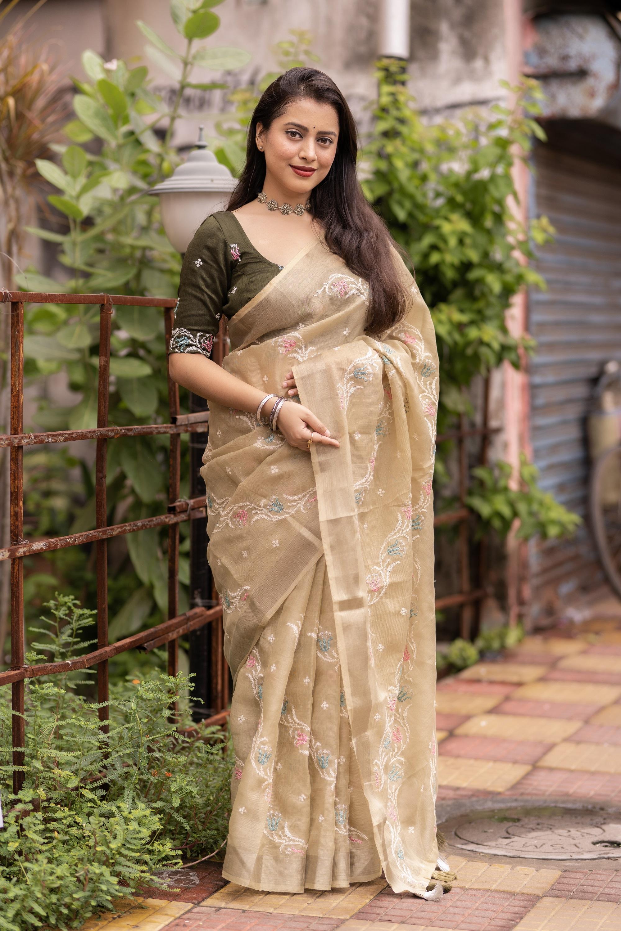 Olive Pure Linen Ethnic Motifs Saree with Unstitched Blouse - A2M - Distacart