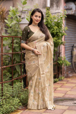Thumbnail for Olive Pure Linen Ethnic Motifs Saree with Unstitched Blouse - A2M
