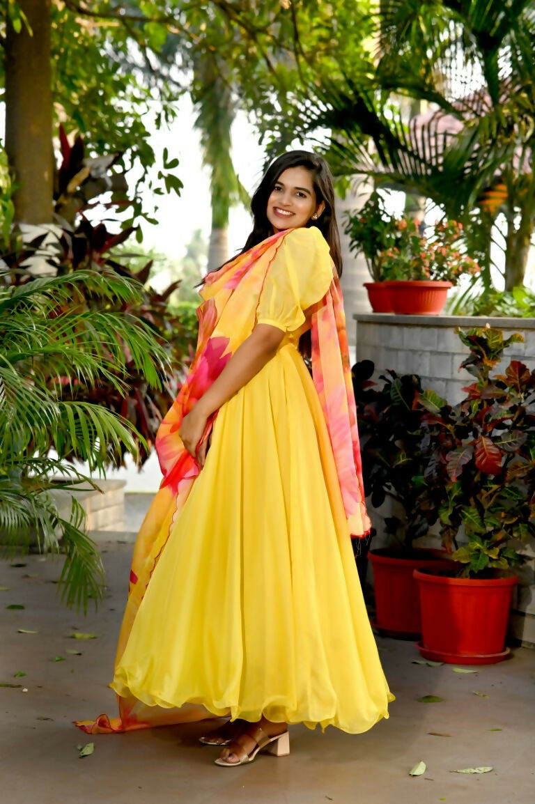 Aastha Fashion Women's Yellow Tebby Silk Anarkali Dress with Dupatta - Distacart