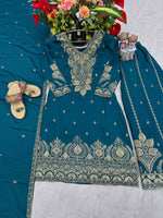 Thumbnail for Teeya Creation Womens New Wedding Wear Heavy Embroidery Thread Work Teal Kurta Set - Dista