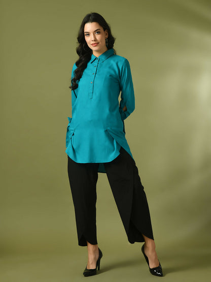 Myshka Women's Turquoise Blue Solid Cotton Longline Party Sheer Tunic - Distacart