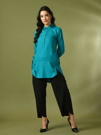 Thumbnail for Myshka Women's Turquoise Blue Solid Cotton Longline Party Sheer Tunic - Distacart