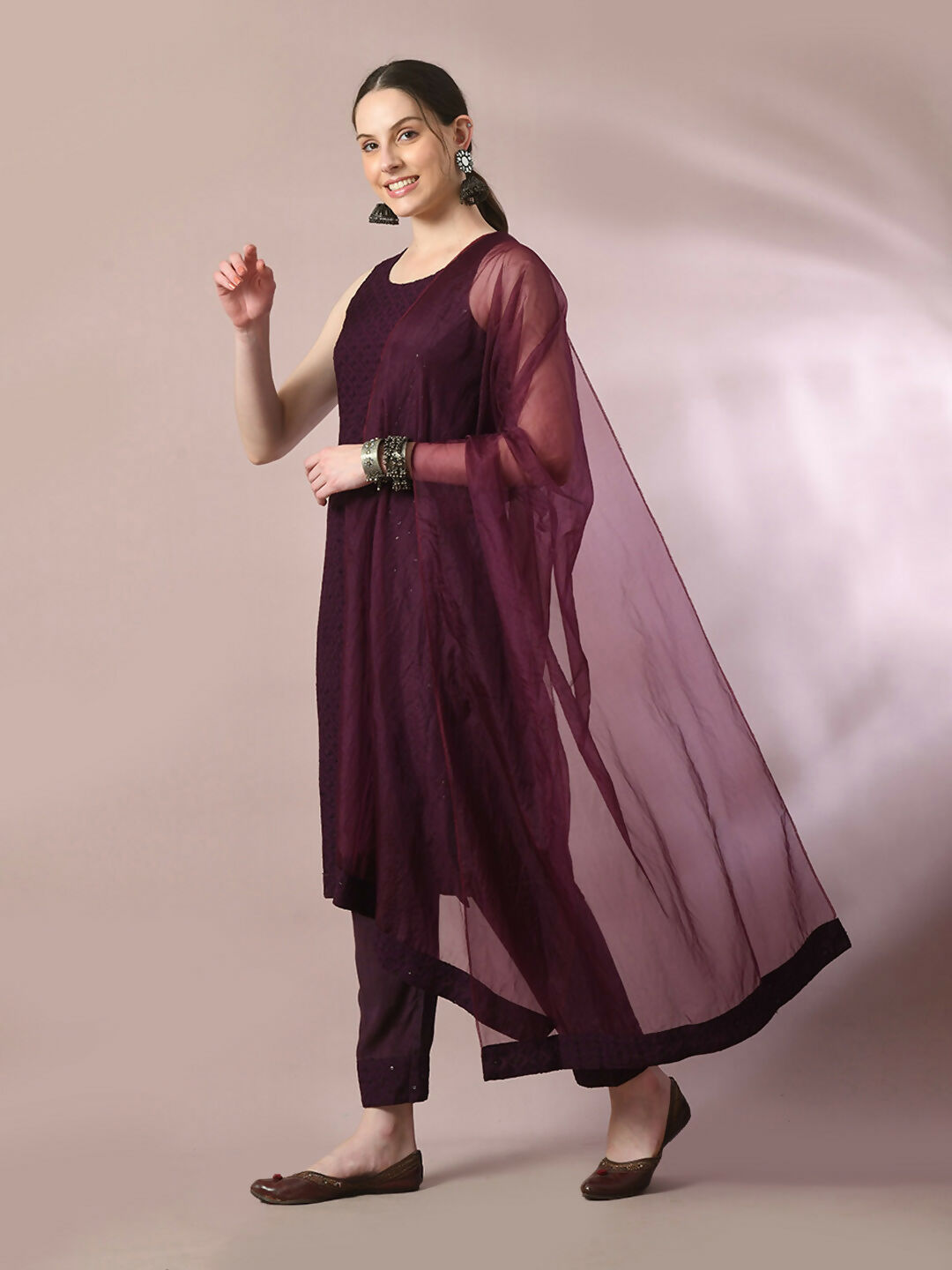 Myshka Women's Magenta Embroidered Cotton Straight Party Kurta Set With Dupatta - Distacart