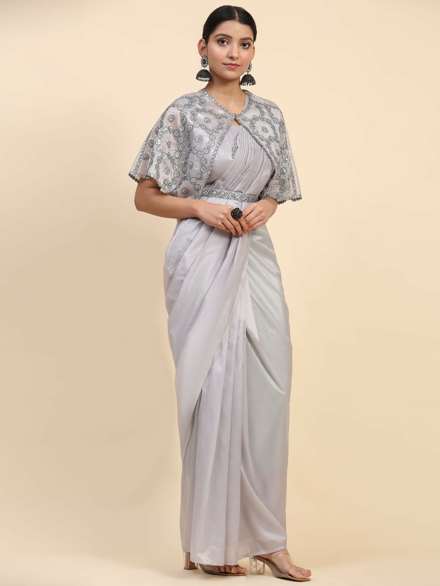 Grey Satin Solid Ready to wear Saree with stitched Blouse - Vanita - Distacart