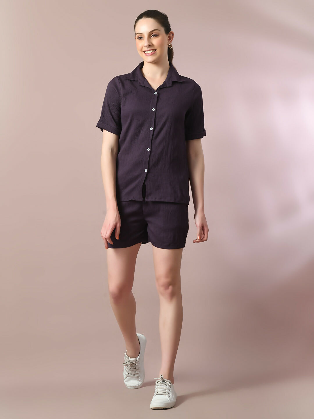 Myshka Women's Violet Solid Shirt Collar Party Shirt With Shorts Co-ord set - Distacart