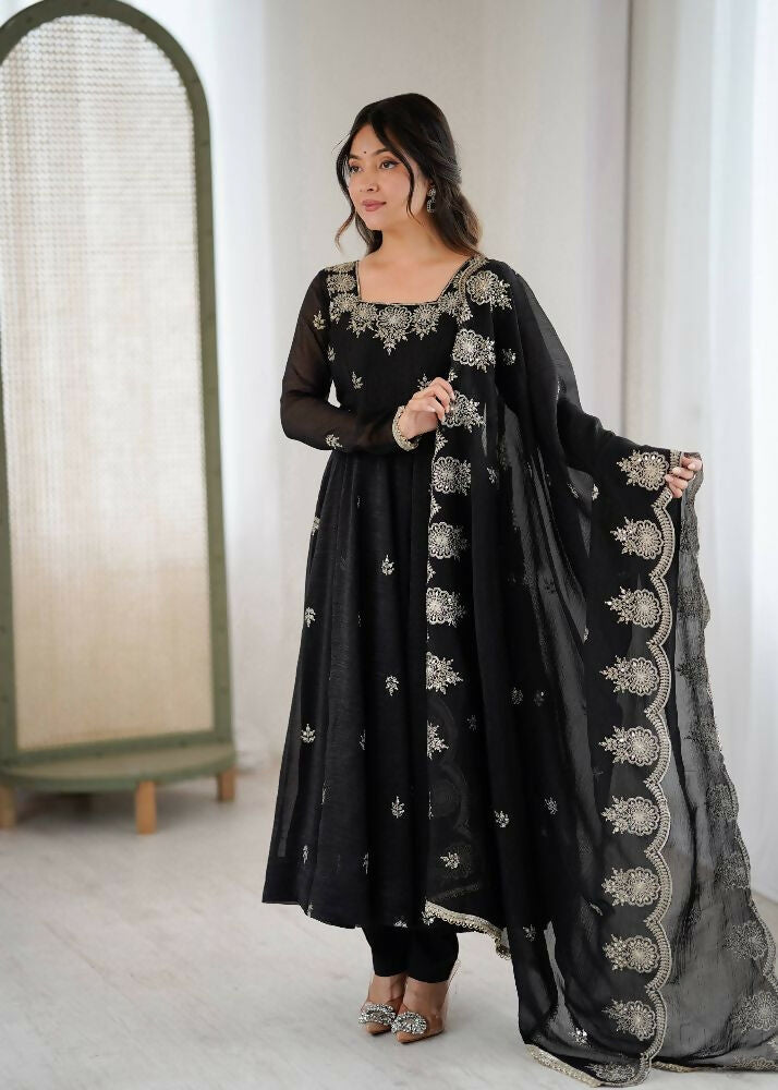 Teeya Creation Black Color Crunchy Silk Embroidery Work Wedding Wear Gown - Distacart