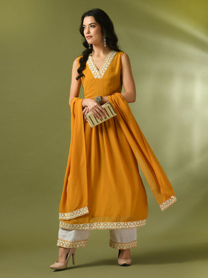 Myshka Women's Yellow Solid Georgette Anarkali Party Kurta Set With Dupatta - Distacart