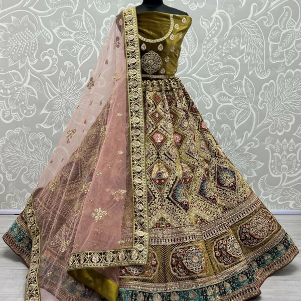 Jyoti Fashion Women's Mehendi Velvet Dori, Multi Thread Embroidered with Zircon Diamond Work Wedding Lehenga Choli - Distacart
