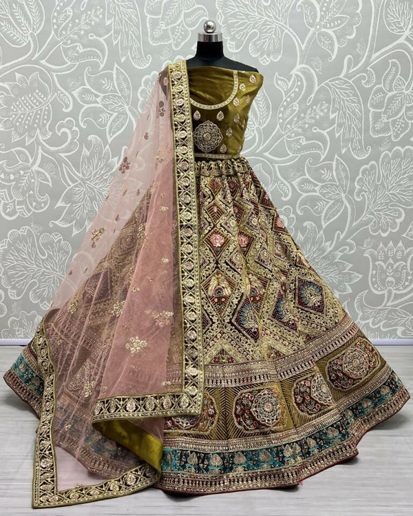Jyoti Fashion Women's Mehendi Velvet Dori, Multi Thread Embroidered with Zircon Diamond Work Wedding Lehenga Choli - Distacart